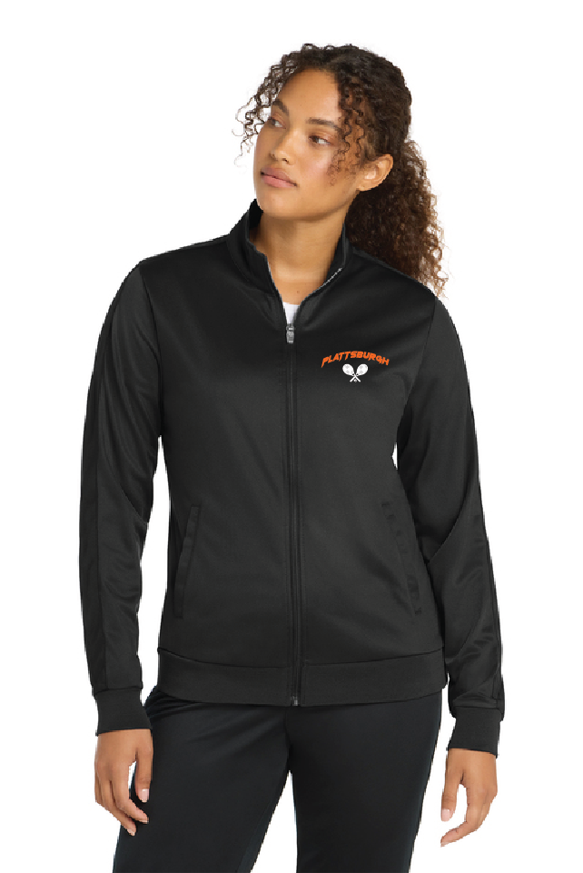 Crossed Sport-Tek® Ladies Tricot Sleeve Stripe Track Jacket Black